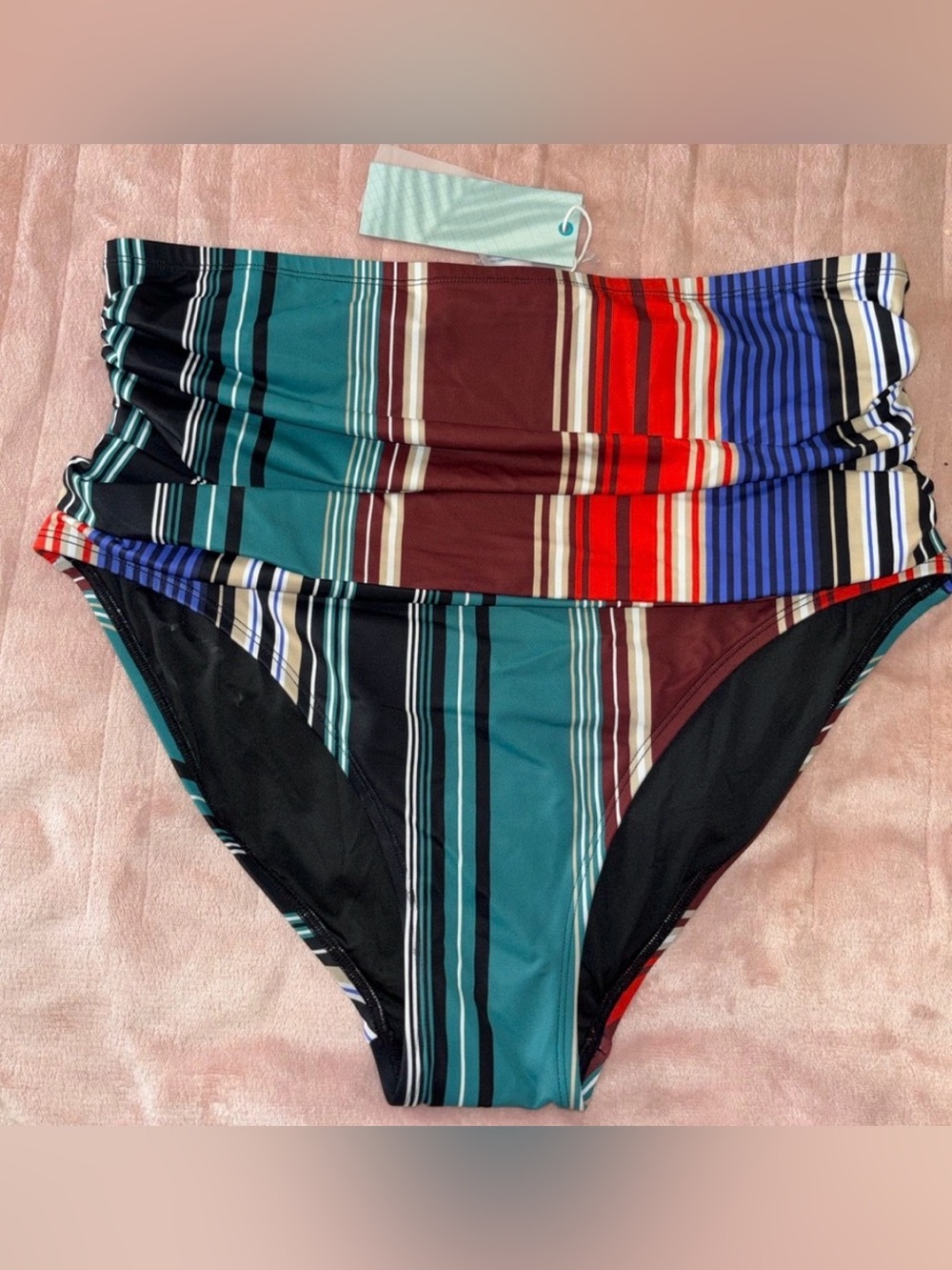 Coastal Blue Striped High-Waist Bikini Bottoms — Teal, Burgundy, Red, Blue